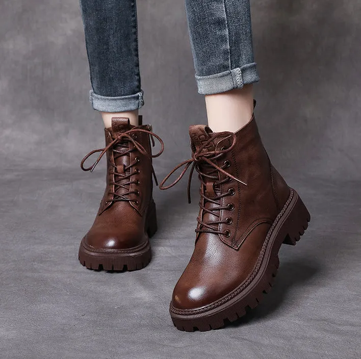 Retro Leather Soft Bottom Lace Up Martin Boots Autumn and Winter Women Shoes