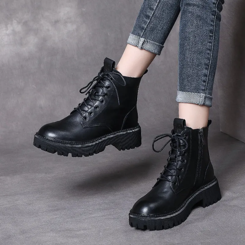 Retro Leather Soft Bottom Lace Up Martin Boots Autumn and Winter Women Shoes
