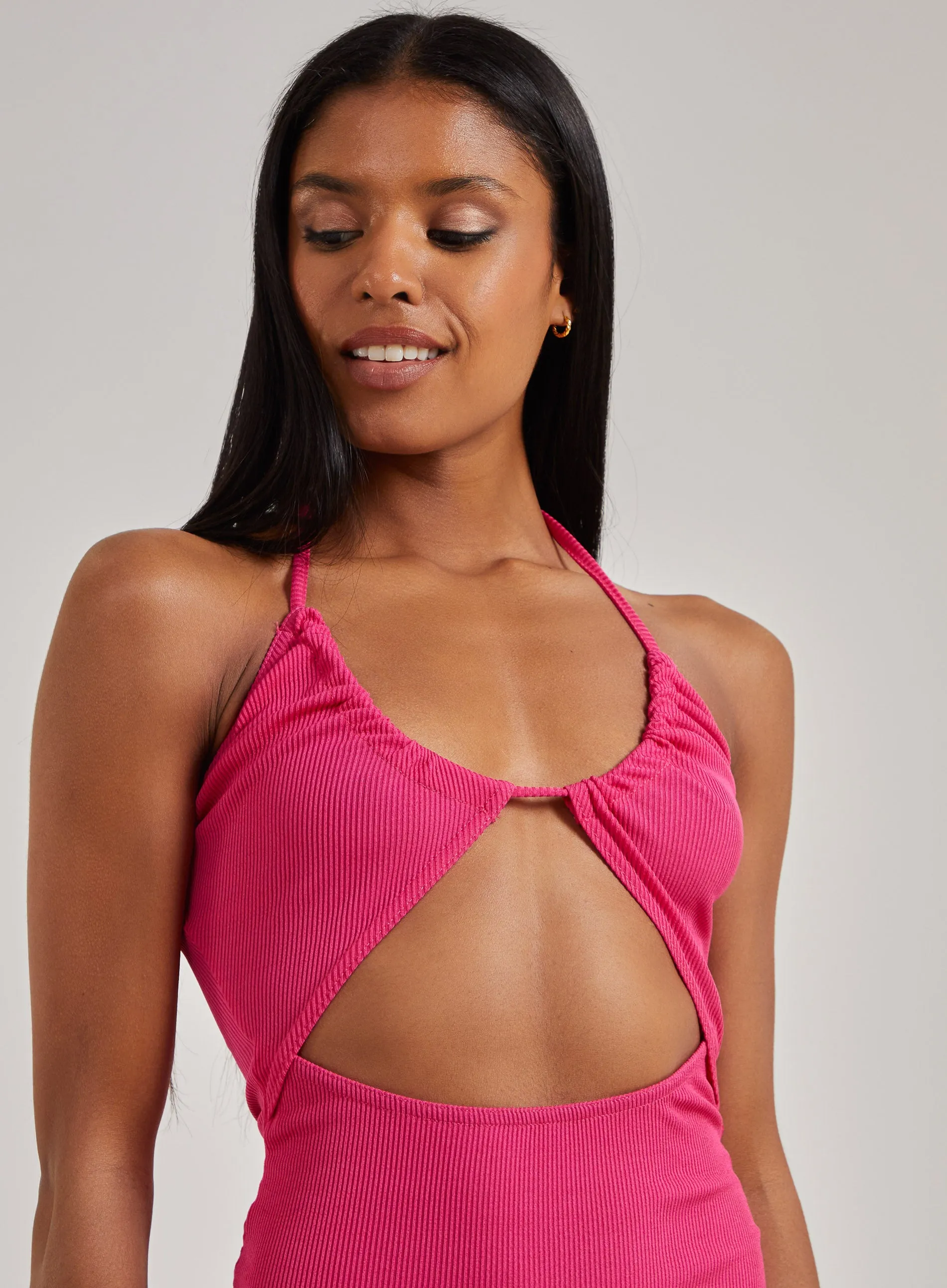 Ribbed Halterneck Cut Out Dress