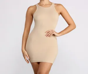 Ribbed Knit Crew Charming Neck Bodycon Mini Dress