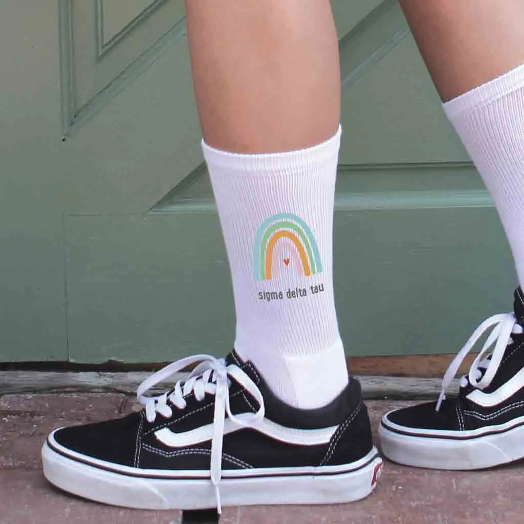 Sigma Delta Tau Sorority Crew Socks with Rainbow Design