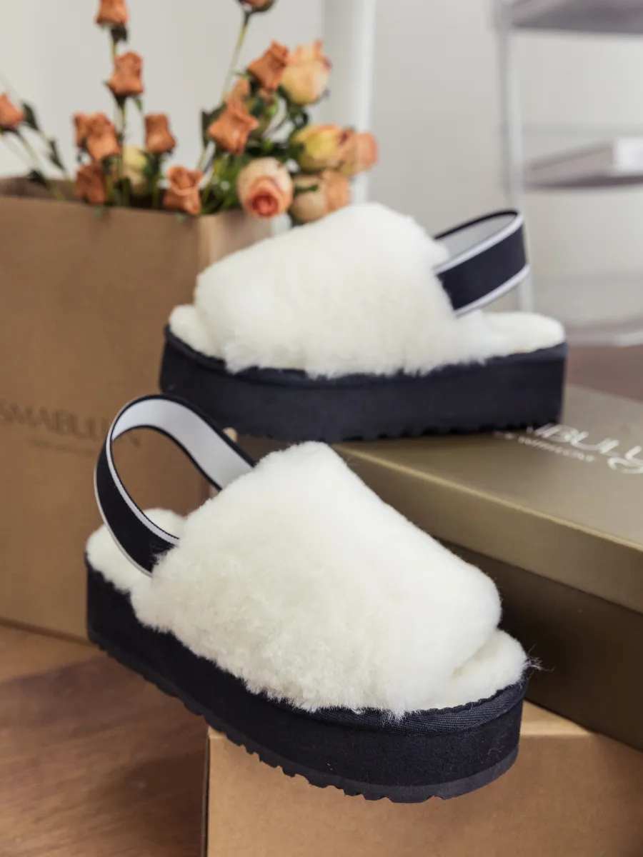 Soft Woolen Fluffy Disco Platform Sandal Slipper - White