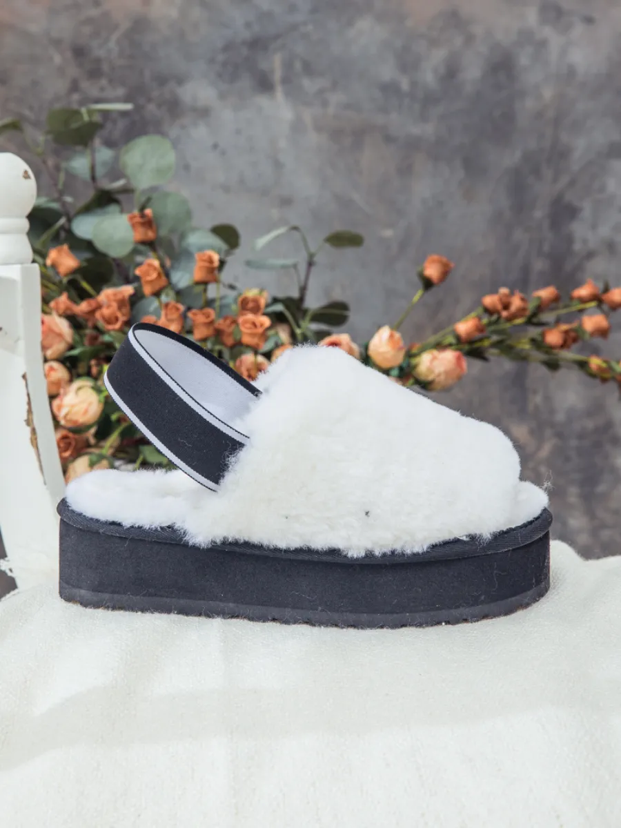 Soft Woolen Fluffy Disco Platform Sandal Slipper - White