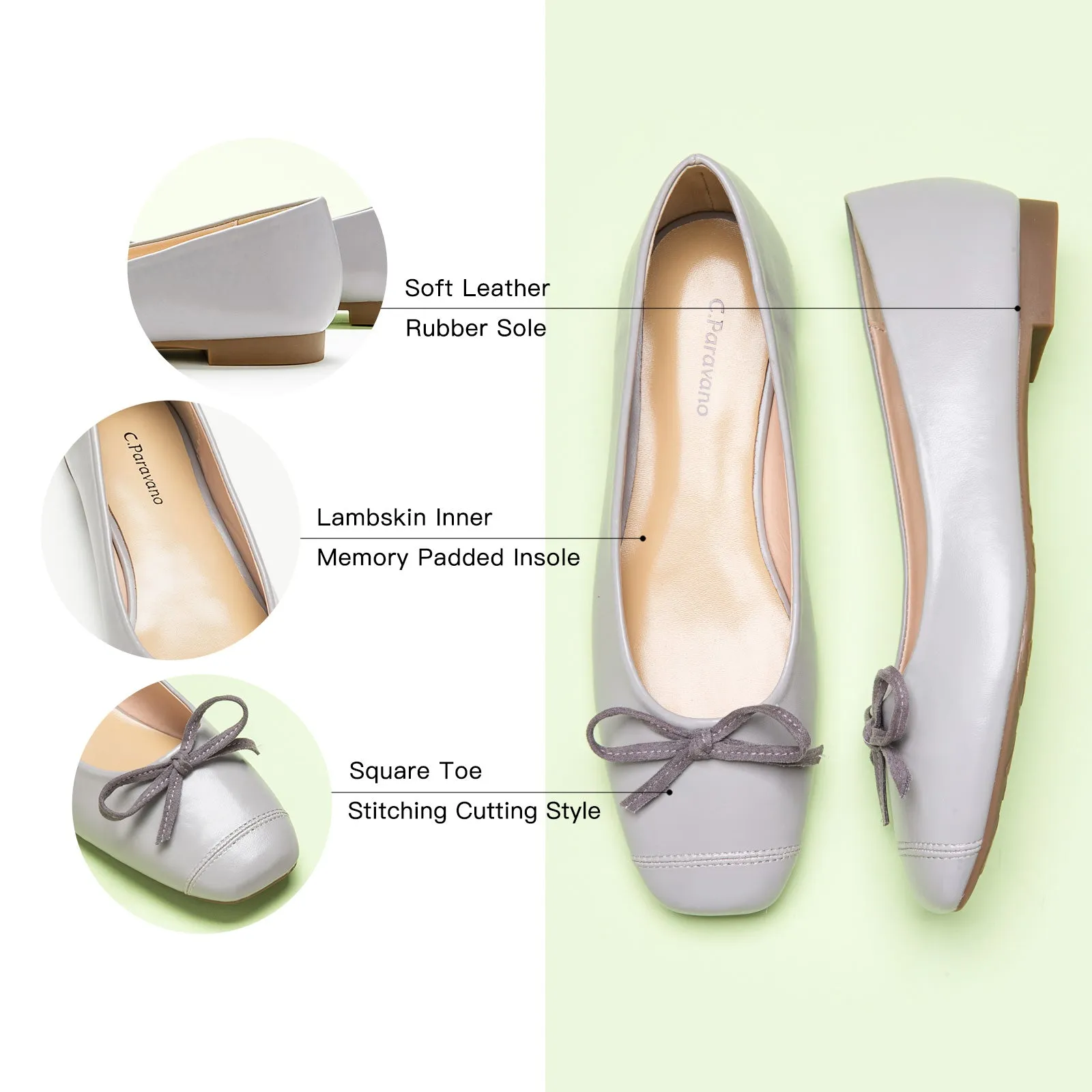 Stitching Toe Ballet Flats (Elena) Grey