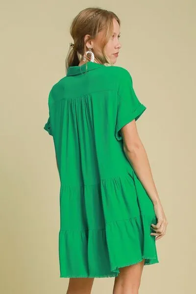 Umgee Full Size Raw Hem Folded Sleeve Tiered Dress Plus Size