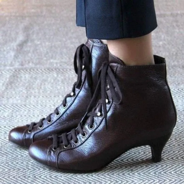 Victorian Round Toe Leather Boots for Rustic Booties Steampunk Lace Up Low Heel Boots Vintage Ankle Boots Jeans Boots