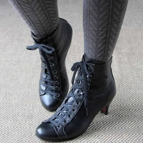 Victorian Round Toe Leather Boots for Rustic Booties Steampunk Lace Up Low Heel Boots Vintage Ankle Boots Jeans Boots