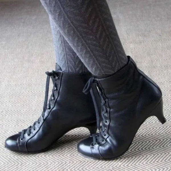Victorian Round Toe Leather Boots for Rustic Booties Steampunk Lace Up Low Heel Boots Vintage Ankle Boots Jeans Boots