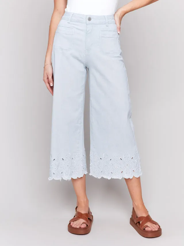Wide-Leg Cropped Jeans with Scallop Embroidered Hem - Stripes - C5592-892B