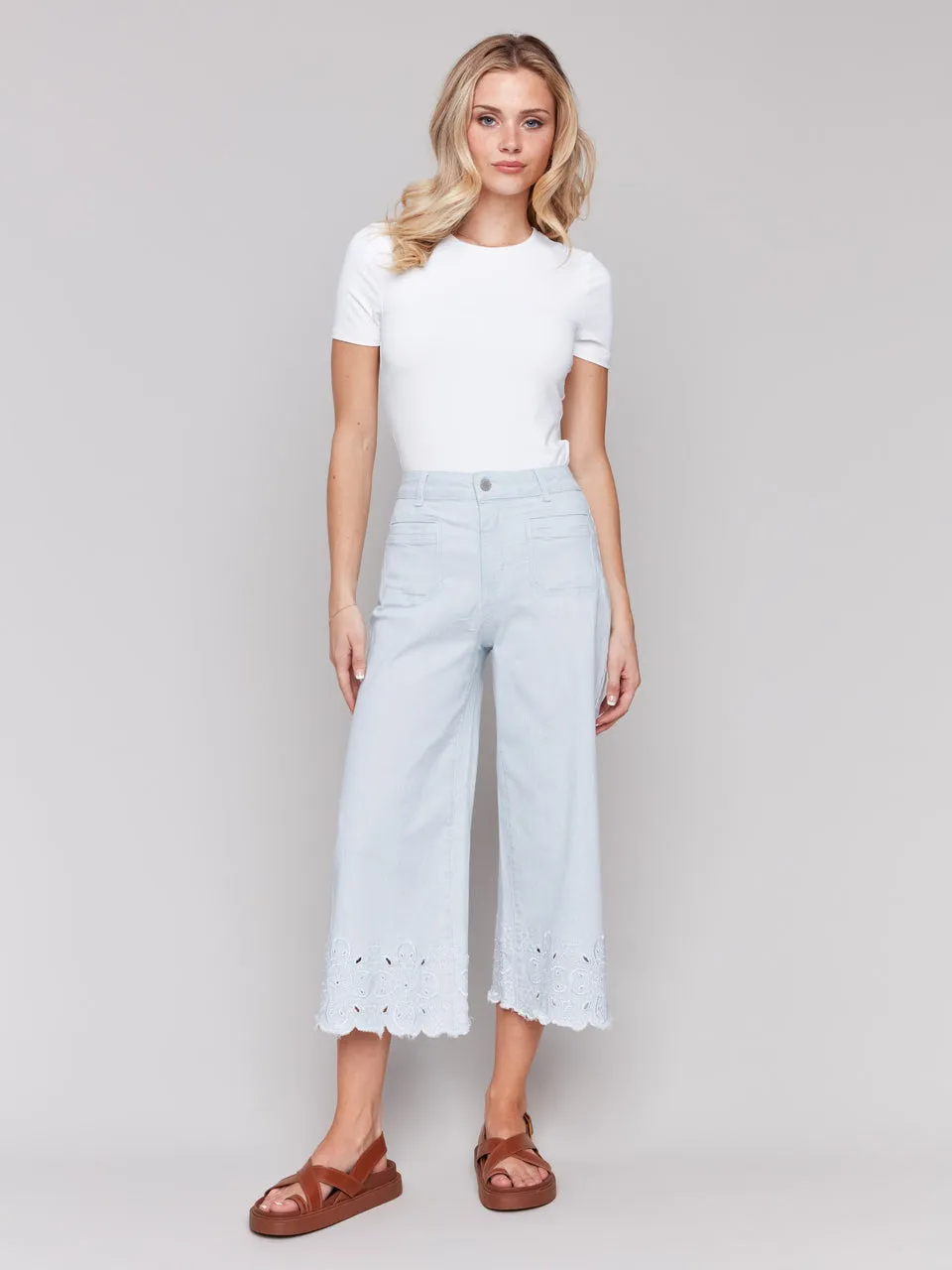 Wide-Leg Cropped Jeans with Scallop Embroidered Hem - Stripes - C5592-892B