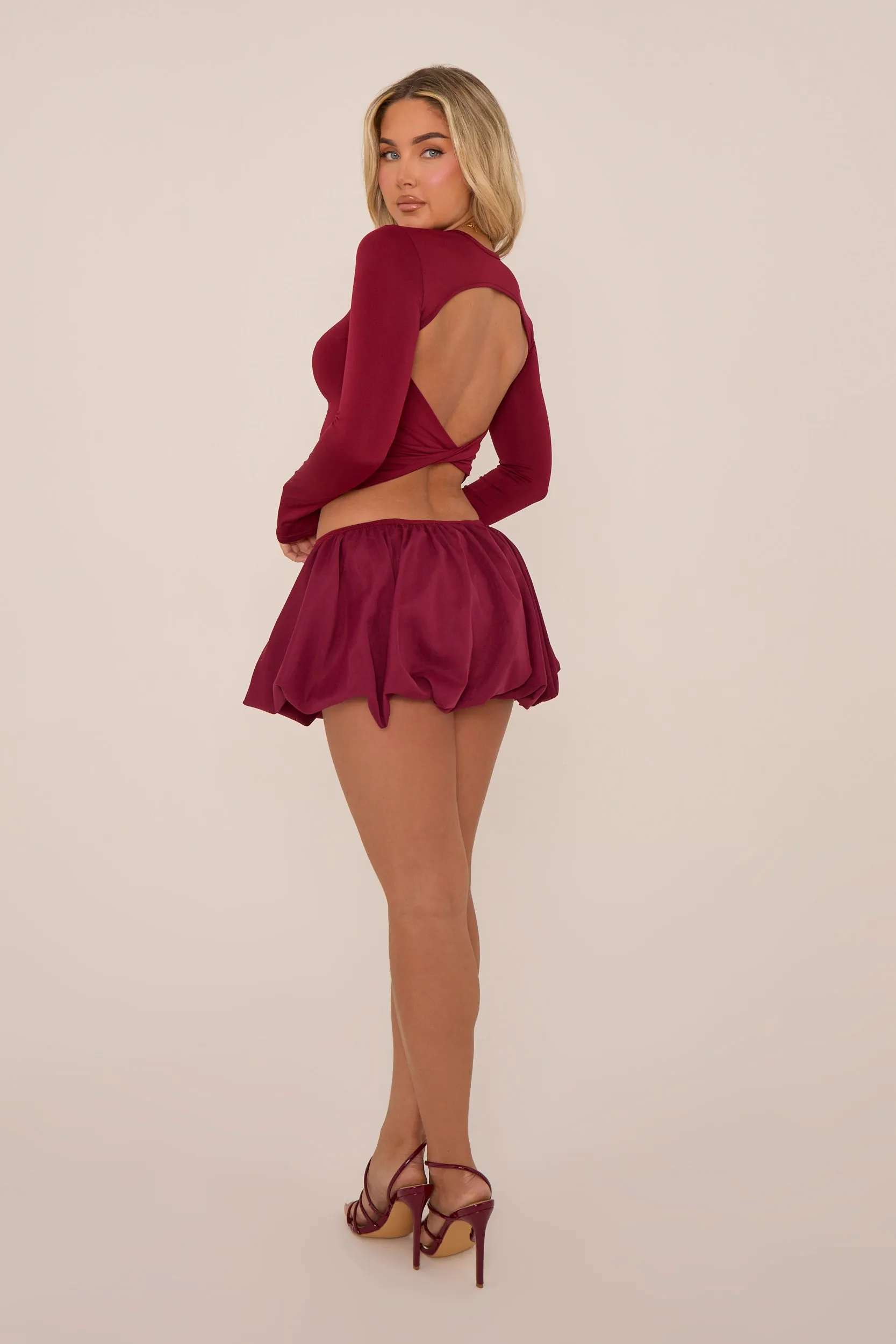 Wine Long Sleeve Open Back Puff Ball Co-ord Set - Flavia