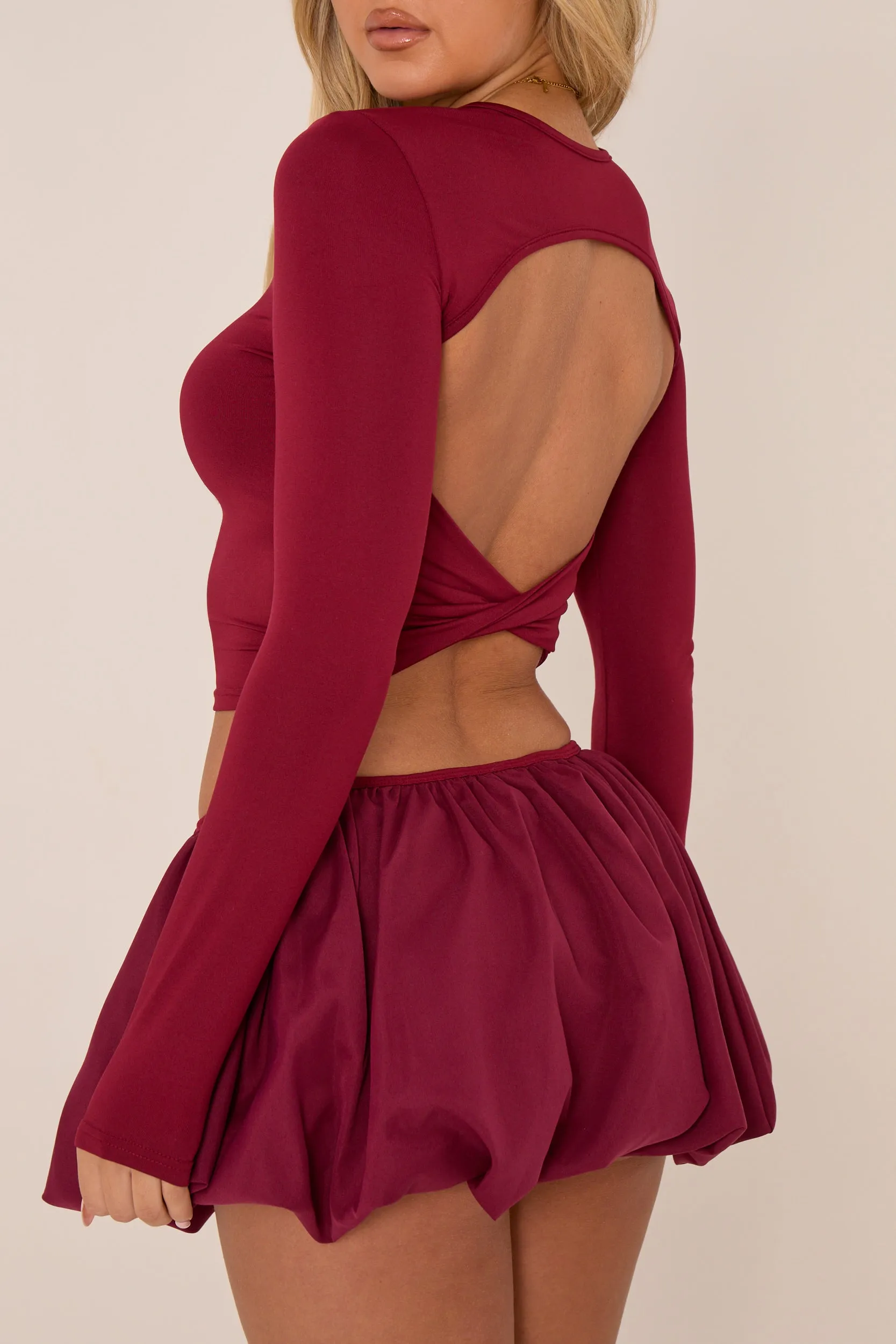 Wine Long Sleeve Open Back Puff Ball Co-ord Set - Flavia