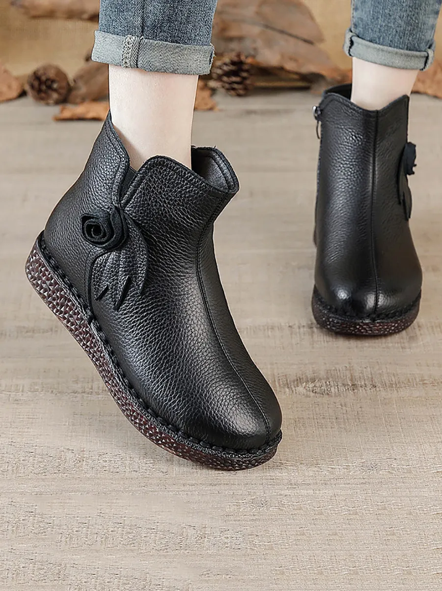 Women Vintage Genuine Leather Flower Flat Ankle Boots