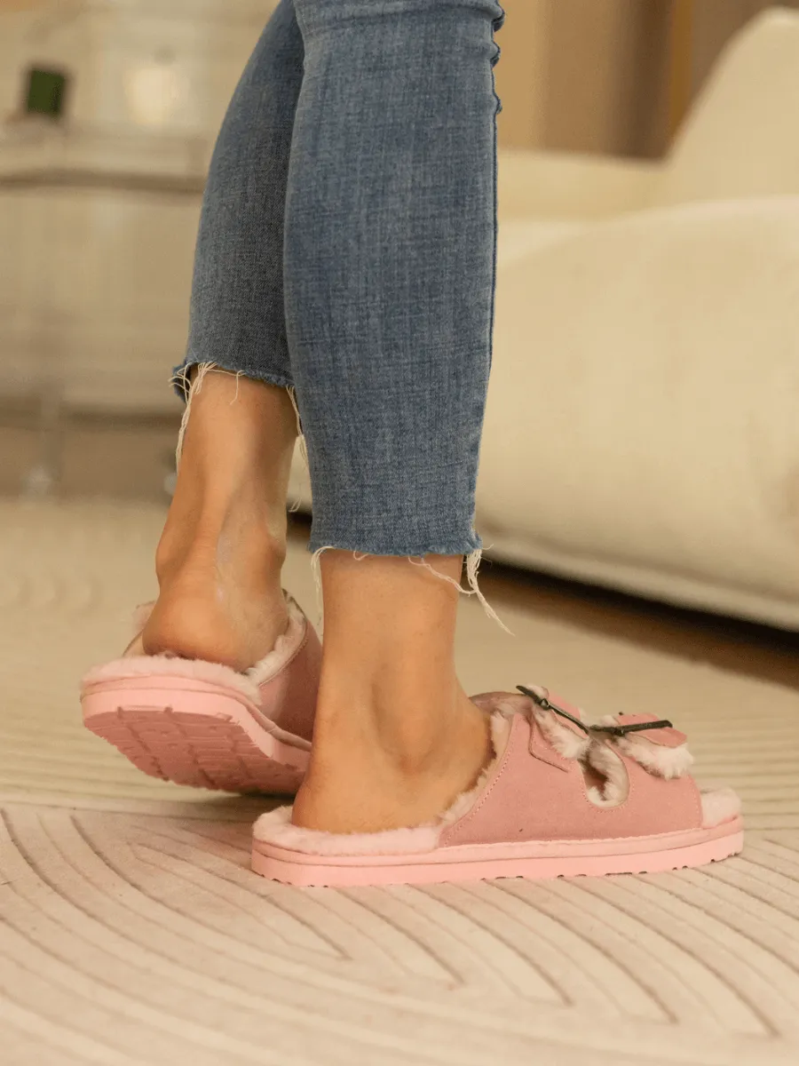 Woolen Lined Double Strap Suede Sandal - Pink