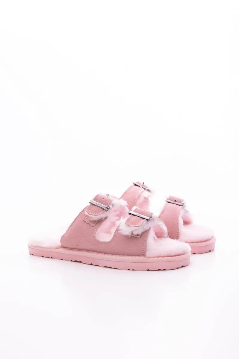 Woolen Lined Double Strap Suede Sandal - Pink