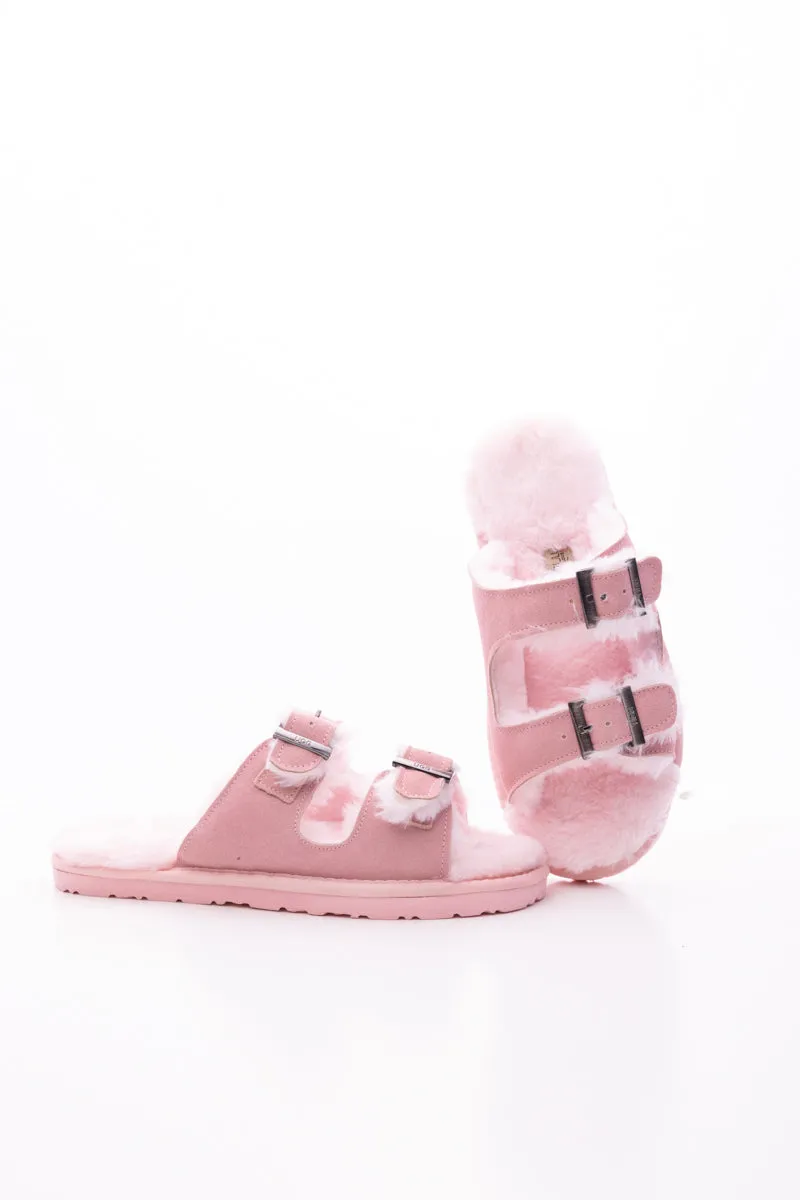 Woolen Lined Double Strap Suede Sandal - Pink