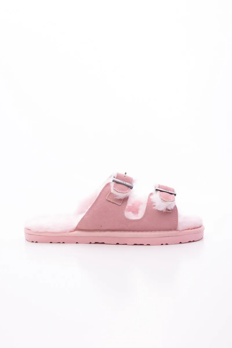 Woolen Lined Double Strap Suede Sandal - Pink