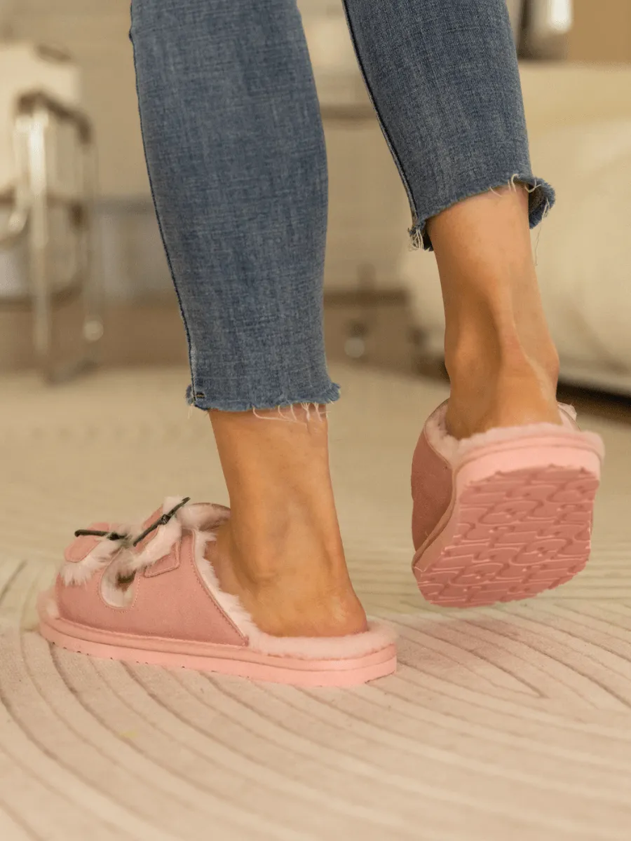 Woolen Lined Double Strap Suede Sandal - Pink
