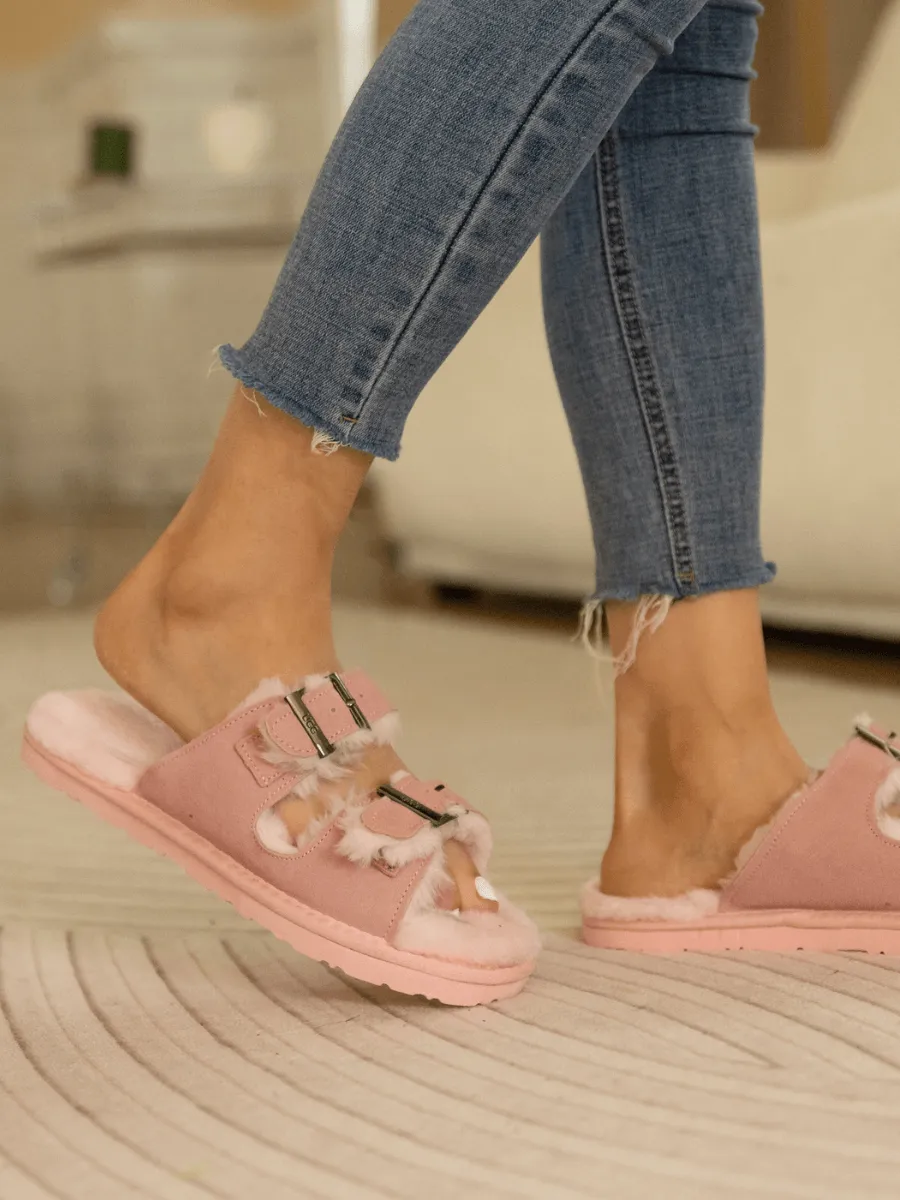 Woolen Lined Double Strap Suede Sandal - Pink