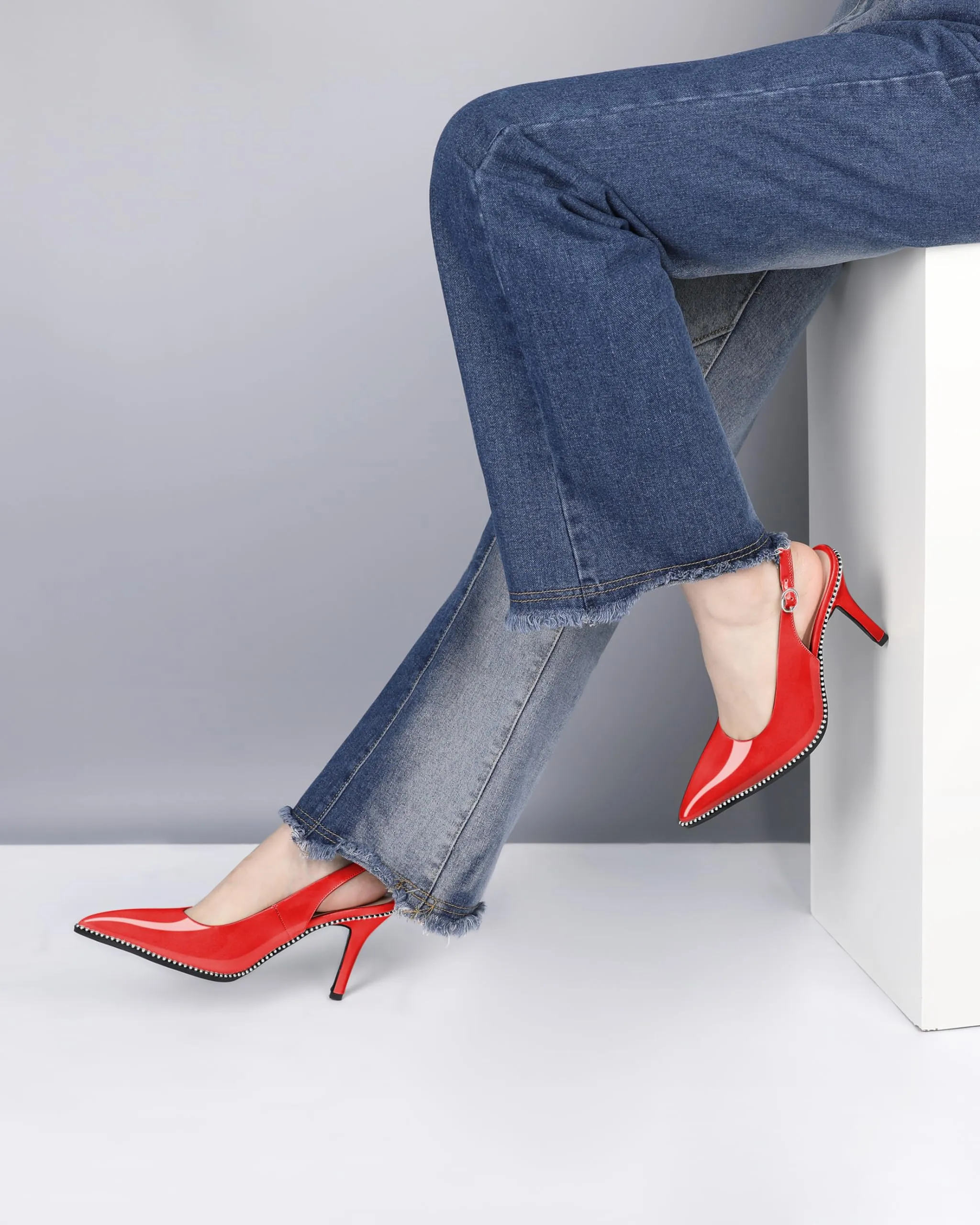 Zamikoo Women Beaded Pumps High Heel Slingback Pointed Toe Slip On 3.5 Inch Stilettos Ankle Strap Adjustable Buckle Fashion Dress Shoes for Party Event Red Patent Leather US Size 7.5