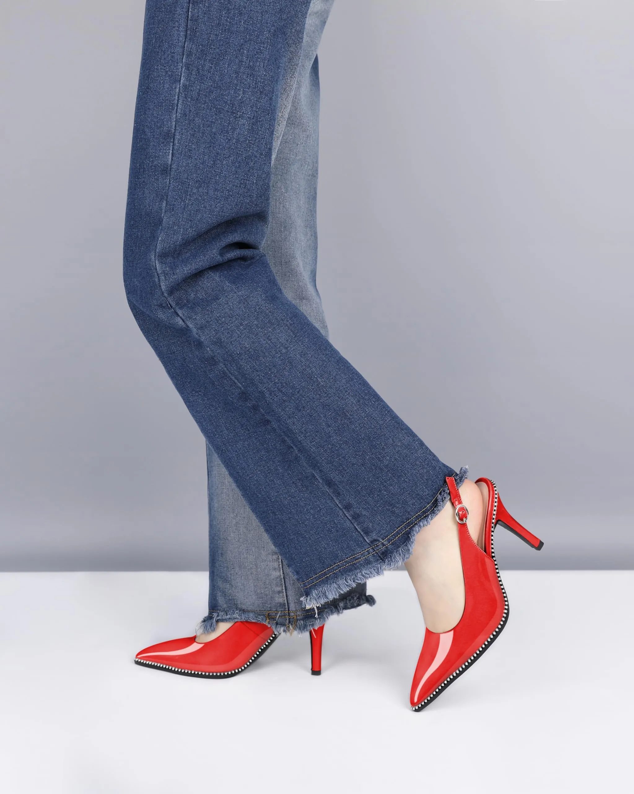Zamikoo Women Beaded Pumps High Heel Slingback Pointed Toe Slip On 3.5 Inch Stilettos Ankle Strap Adjustable Buckle Fashion Dress Shoes for Party Event Red Patent Leather US Size 7.5