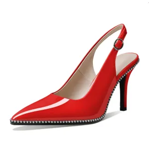 Zamikoo Women Beaded Pumps High Heel Slingback Pointed Toe Slip On 3.5 Inch Stilettos Ankle Strap Adjustable Buckle Fashion Dress Shoes for Party Event Red Patent Leather US Size 7.5