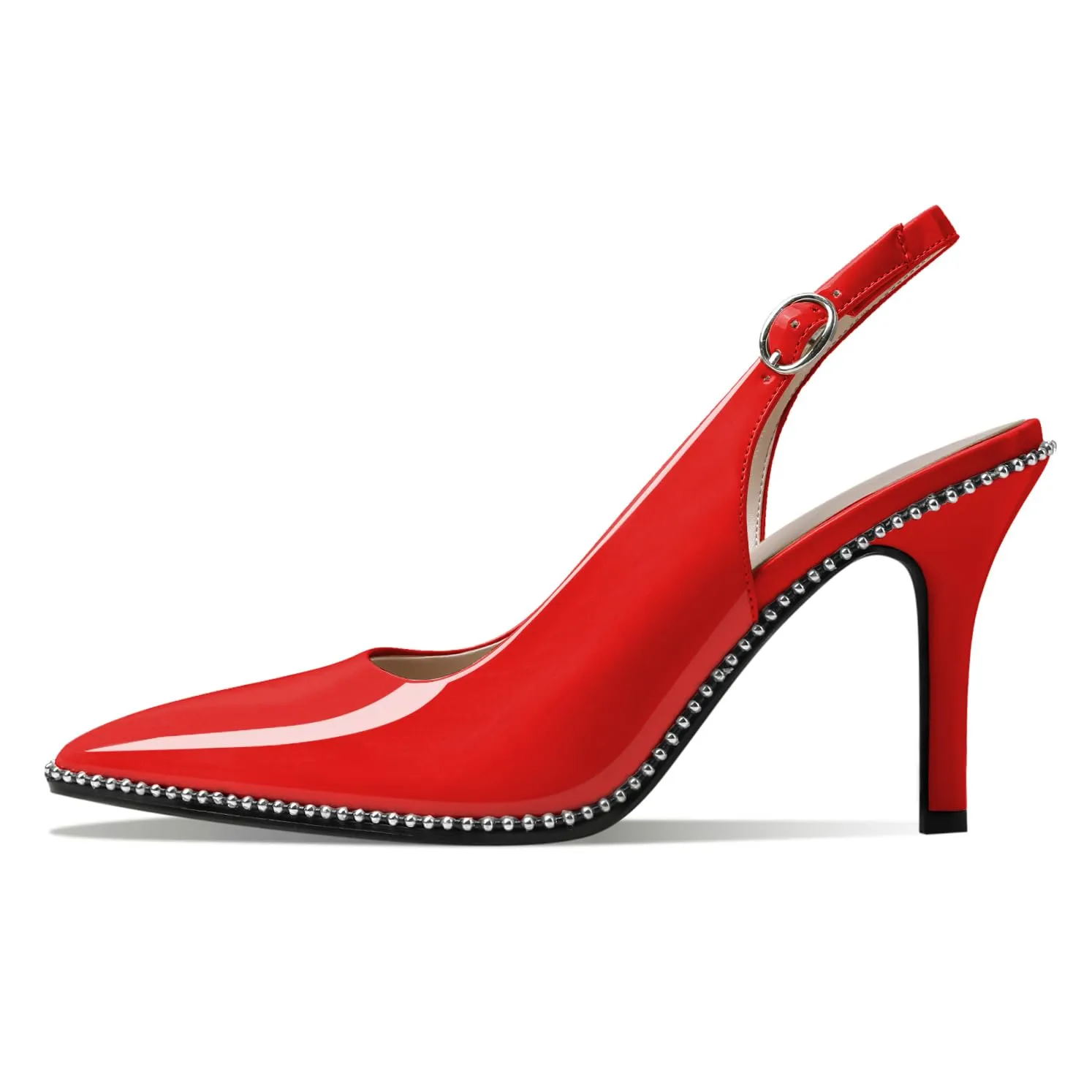 Zamikoo Women Beaded Pumps High Heel Slingback Pointed Toe Slip On 3.5 Inch Stilettos Ankle Strap Adjustable Buckle Fashion Dress Shoes for Party Event Red Patent Leather US Size 7.5
