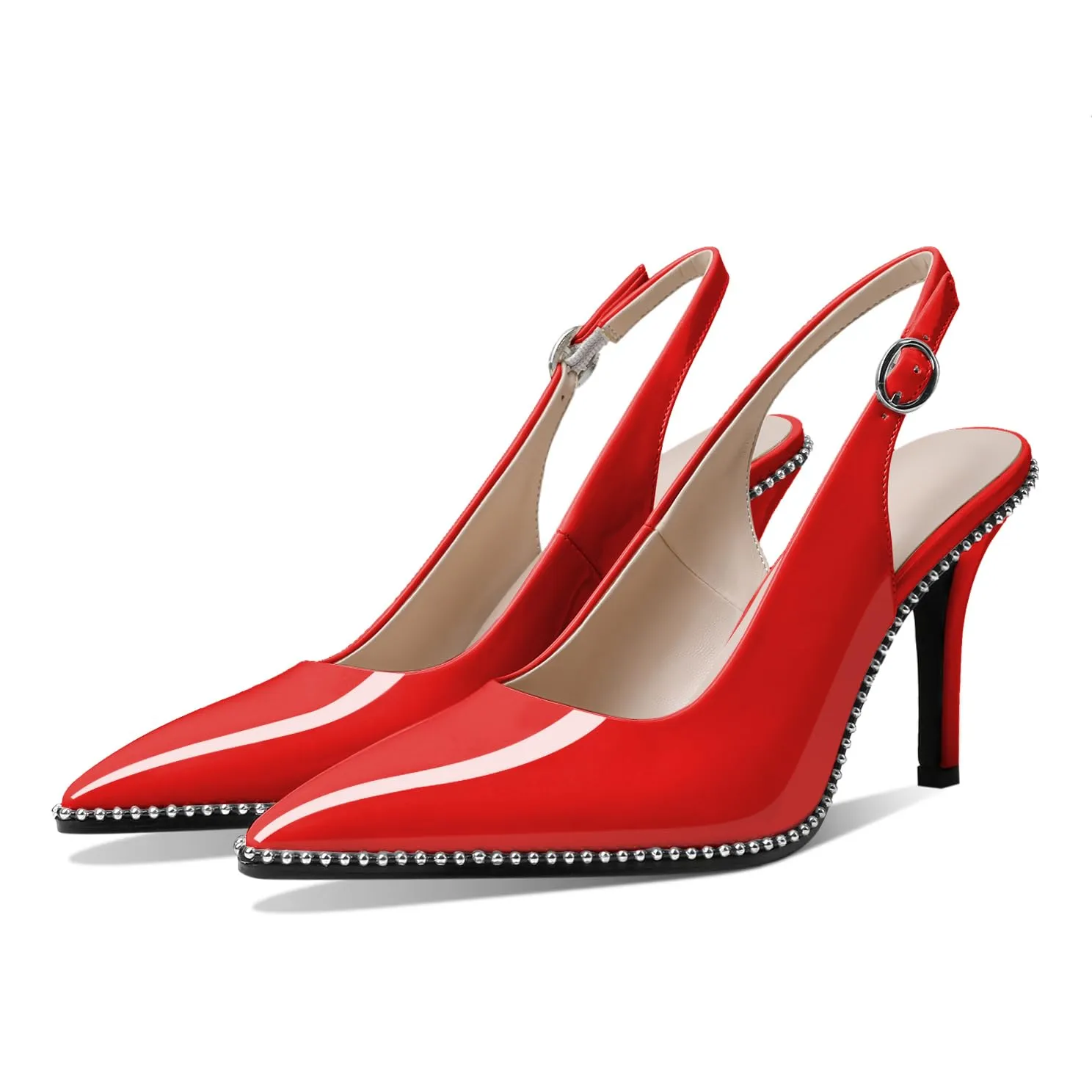 Zamikoo Women Beaded Pumps High Heel Slingback Pointed Toe Slip On 3.5 Inch Stilettos Ankle Strap Adjustable Buckle Fashion Dress Shoes for Party Event Red Patent Leather US Size 7.5