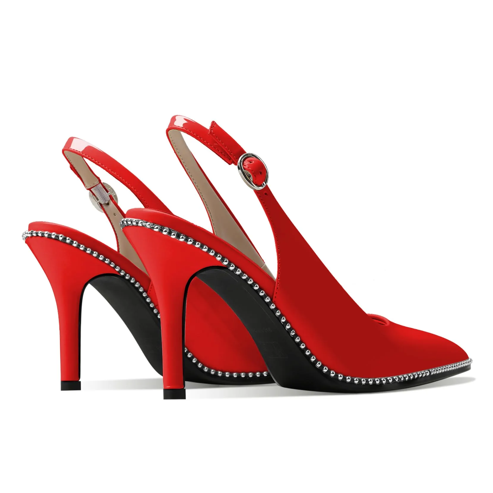 Zamikoo Women Beaded Pumps High Heel Slingback Pointed Toe Slip On 3.5 Inch Stilettos Ankle Strap Adjustable Buckle Fashion Dress Shoes for Party Event Red Patent Leather US Size 7.5