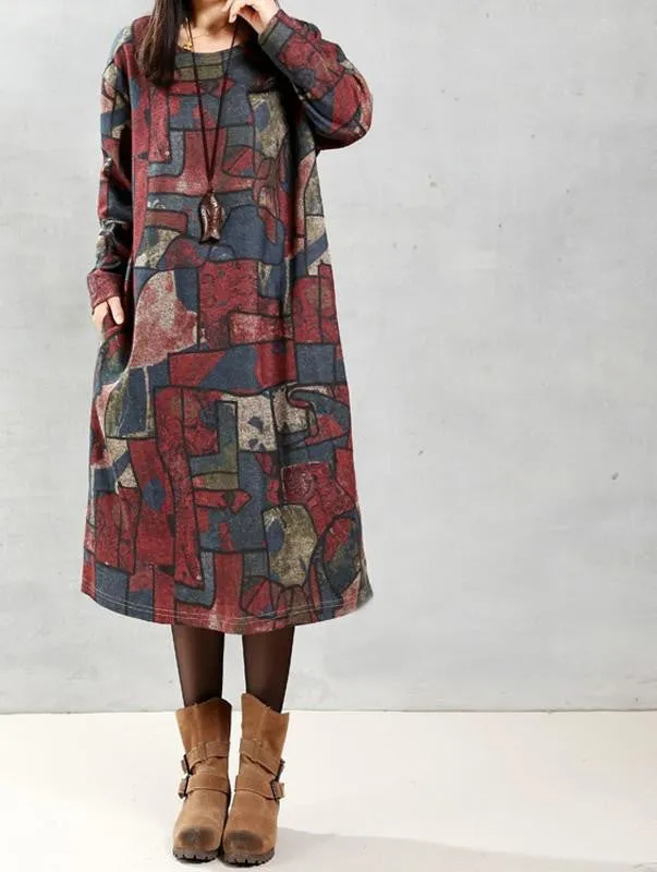 ZANZEA Women Autumn Oversized Vintage Print Dress Casual Loose Long Sleeve O Neck Mid-calf Length Dress Vestidos Plus Size