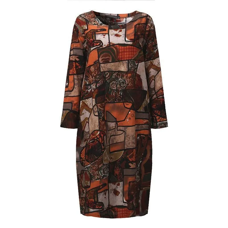 ZANZEA Women Autumn Oversized Vintage Print Dress Casual Loose Long Sleeve O Neck Mid-calf Length Dress Vestidos Plus Size
