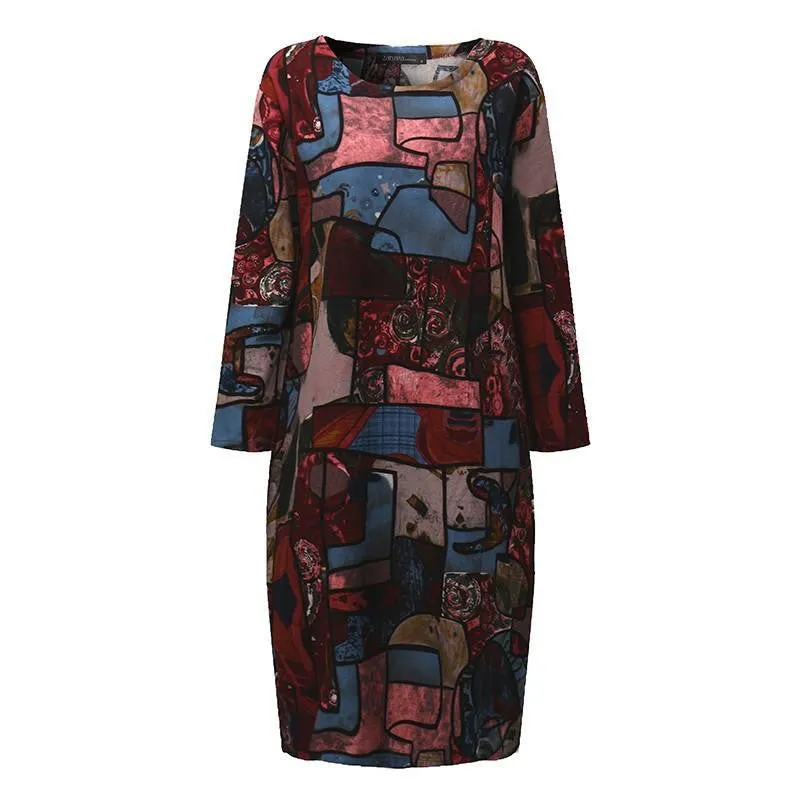 ZANZEA Women Autumn Oversized Vintage Print Dress Casual Loose Long Sleeve O Neck Mid-calf Length Dress Vestidos Plus Size