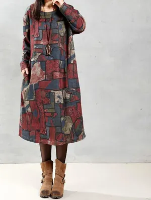 ZANZEA Women Autumn Oversized Vintage Print Dress Casual Loose Long Sleeve O Neck Mid-calf Length Dress Vestidos Plus Size